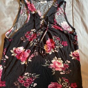 Ardene Black Floral Lace-Up Tank Top